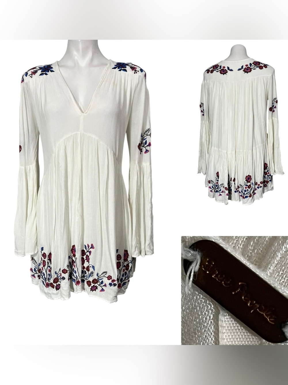 Free‎ People Cream Peasant Tunic with Blue & Pink Floral Embroidery